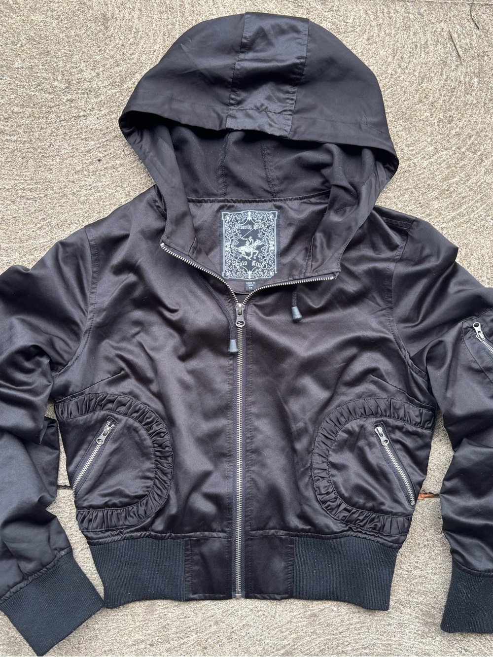 Y2K youth girls M Beverly Hills Polo Club Black Hooded Bomber Jacket